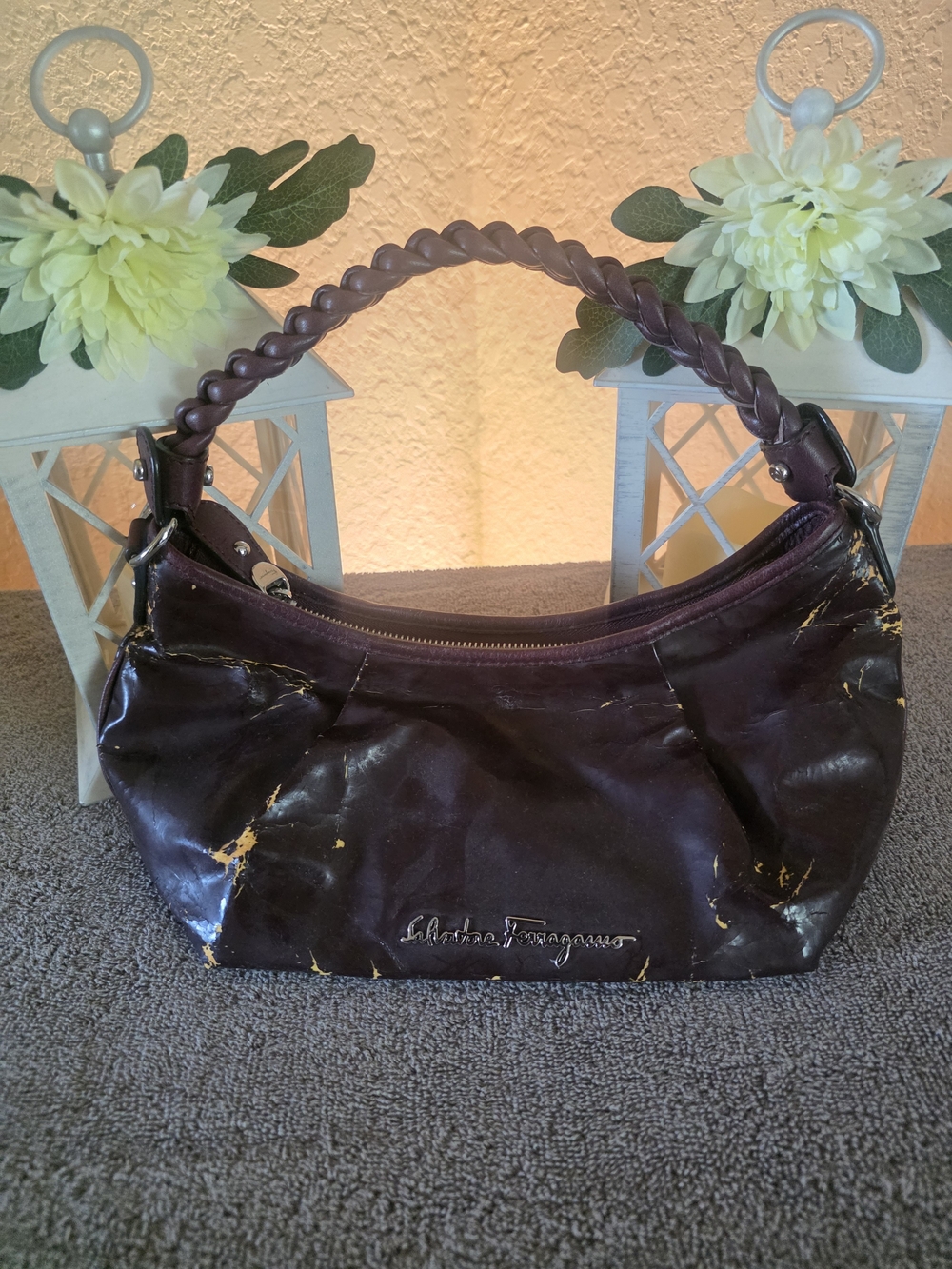 Salvatore Ferragamo Deep Plum Leather Shoulder Bag with Braided Handle (PROJECT)